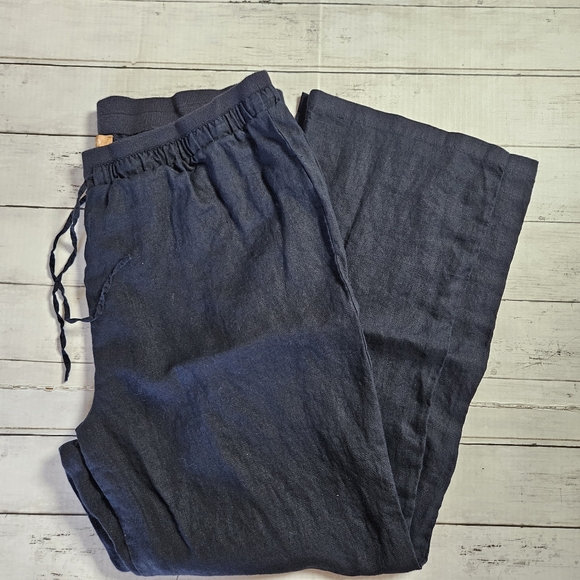 Ellen Tracy Womens 100% Linen Pants Wide Leg Navy Blue Stretch Waist Size XL - Picture 1 of 7